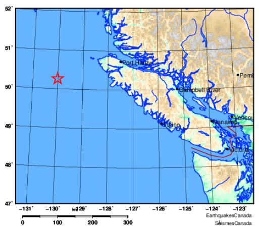 Magnitude 5.0 earthquake recorded off BC Coast Monday