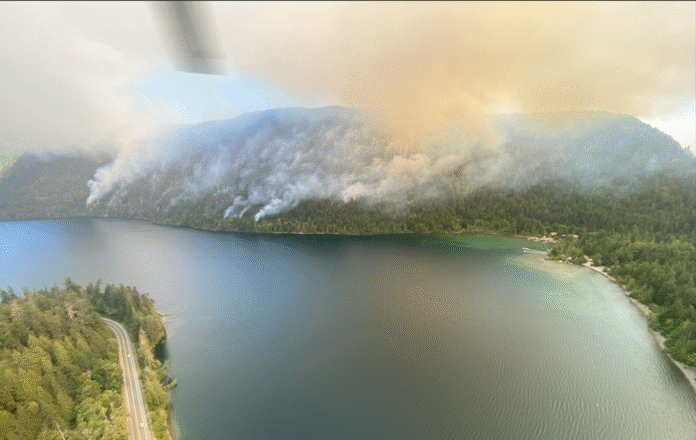 Smoke rises from the Wesley Ridge wildfire on north shore of Cameron Lake, Vancouver Island, B.C.